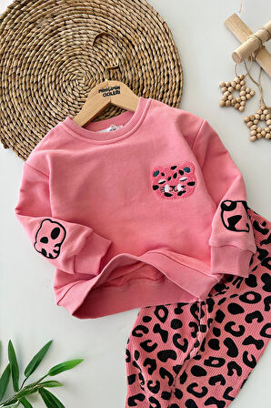 Miniğimin Cicileri (2-7 Yaş) Leopar Taytlı Kedi Panç İşleme Detaylı Kız Çocuk Takım - Pembe