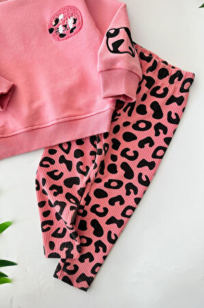 Miniğimin Cicileri (2-7 Yaş) Leopar Taytlı Kedi Panç İşleme Detaylı Kız Çocuk Takım - Pembe