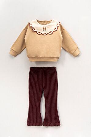 Miniğimin Cicileri (6-18 Yaş) Tavşan Brode Yaka Üç İp Kız Bebek Takım - Bej