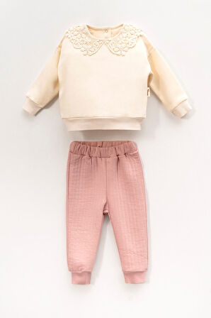 Miniğimin Cicileri (6-18 Ay) Güpür Yaka Üç İp Kız Bebek Takım - Pudra