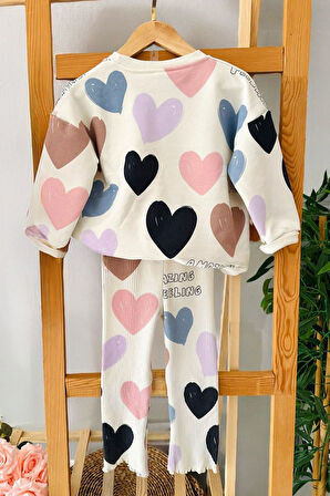 Miniğimin Cicileri (2-7 Yaş) Kalp Baskılı Amazing Kız Çocuk Taytlı 2 li Takım - Krem