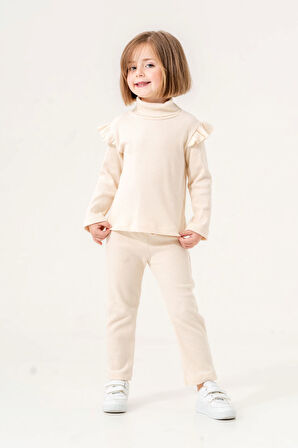 Miniğimin Cicileri (2-5 Yaş) Fırfır Detaylı Kaşkorse kız Çocuk Balıkçı Yaka Takım - Krem