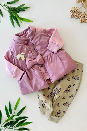 Miniğimin Cicileri (6-18 Ay) Kedicik Love Leopar Desenli Şişme Yelekli Kız Bebe 3 Lü Takım - Mor