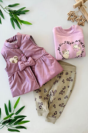 Miniğimin Cicileri (6-18 Ay) Kedicik Love Leopar Desenli Şişme Yelekli Kız Bebe 3 Lü Takım - Mor
