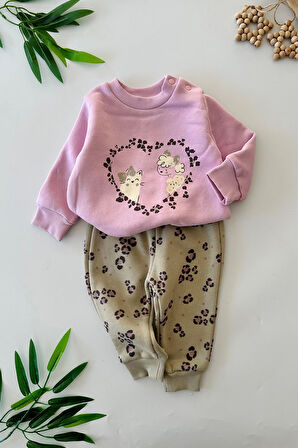 Miniğimin Cicileri (6-18 Ay) Kedicik Love Leopar Desenli Şişme Yelekli Kız Bebe 3 Lü Takım - Mor