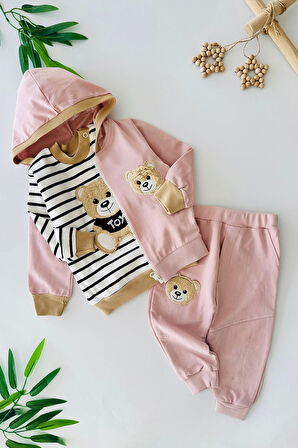 Miniğimin Cicileri (9-18 Ay) Toy Ayıcık Desenli Bebe Çizgili 3 Lü Takım - Pembe