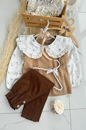 Miniğimin Cicileri (2-9 Yaş) Bebe Yakalı Triko Kız Çocuk 2 Takım - Kahve