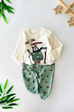 Miniğimin Cicileri (6-12 Ay) Hey panç işleme pati desen erkek bebek yelekli 3 parçalı takım - Kahve