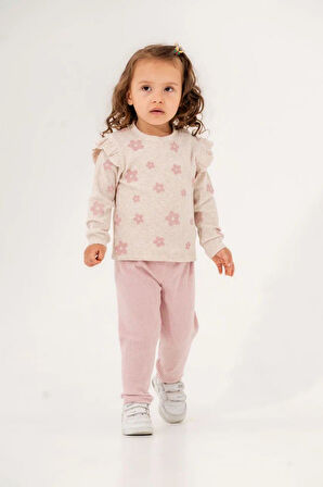 Miniğimin Cicileri (2-5 Yaş) Çiçek Desenli Kaşkorse Kışlık Kız Çocuk Takım - Pembe