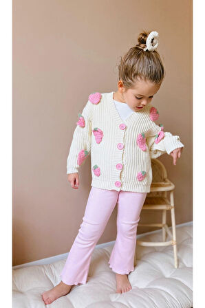 Miniğimin Cicileri Çilek İşleme Detaylı Triko Hırkalı  2 li Takım 