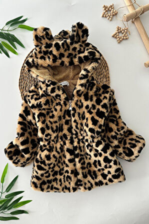 Miniğimin Cicileri Leopar Desenli Kız Çocuk Kürk Kaban - Kahve