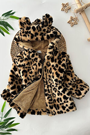 Miniğimin Cicileri Leopar Desenli Kız Çocuk Kürk Kaban - Kahve