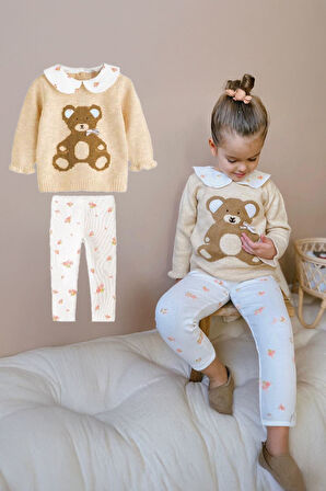 Miniğimin Cicileri Bear Desenli Triko Yakalı Kız Çocuk 2 li Takım - Bej