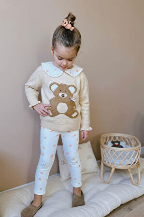 Miniğimin Cicileri Bear Desenli Triko Yakalı Kız Çocuk 2 li Takım - Bej