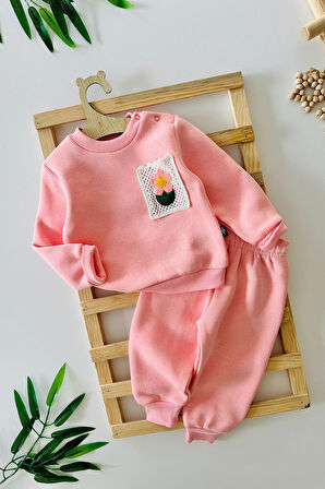 Miniğimin Cicileri Örme Cepli Çiçek Panç İşleme Şardonlu 3 İp Kız Bebek Takım - Pembe