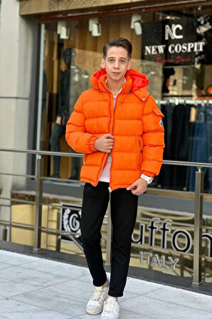 Miniğimin Cicileri Kapüşonlu Erkek Çocuk Şişme Mont - Turuncu