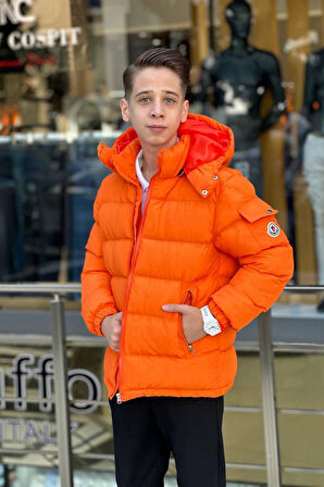 Miniğimin Cicileri Kapüşonlu Erkek Çocuk Şişme Mont - Turuncu