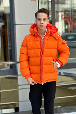 Miniğimin Cicileri Kapüşonlu Erkek Çocuk Şişme Mont - Turuncu