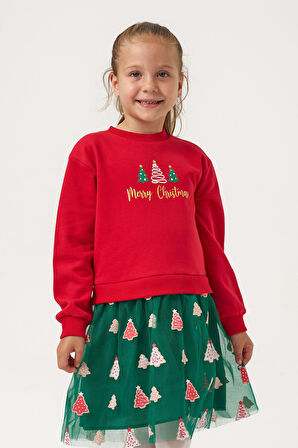 Miniğimin Cicileri Ağaç  Baskı Yılbaşı Konsept Kız Çocuk Etekli Takım - Kırmızı