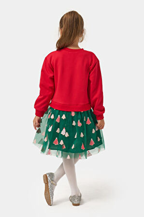Miniğimin Cicileri Ağaç  Baskı Yılbaşı Konsept Kız Çocuk Etekli Takım - Kırmızı