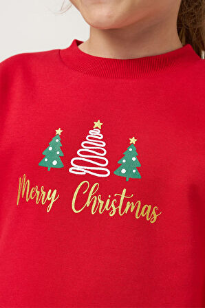 Miniğimin Cicileri Ağaç  Baskı Yılbaşı Konsept Kız Çocuk Etekli Takım - Kırmızı