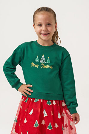 Miniğimin Cicileri Ağaç  Baskı Yılbaşı Konsept Kız Çocuk Etekli Takım - Yeşil