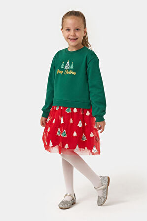 Miniğimin Cicileri Ağaç  Baskı Yılbaşı Konsept Kız Çocuk Etekli Takım - Yeşil