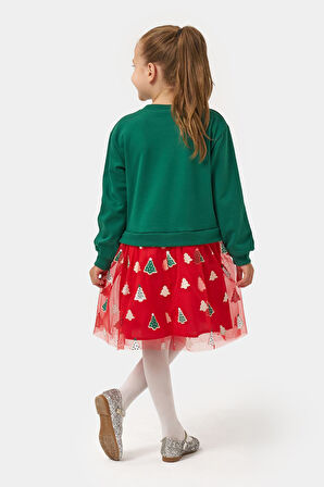 Miniğimin Cicileri Ağaç  Baskı Yılbaşı Konsept Kız Çocuk Etekli Takım - Yeşil