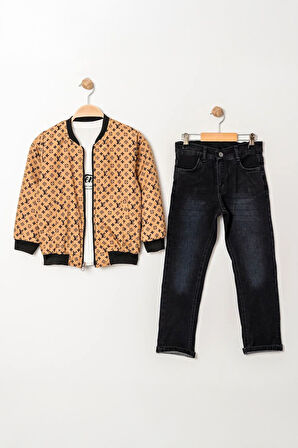 Miniğimin Cicileri LV Çift Tafarlı Kapitone Montlu Erkek Çocuk 3 Lü Takım - Açık Kahve