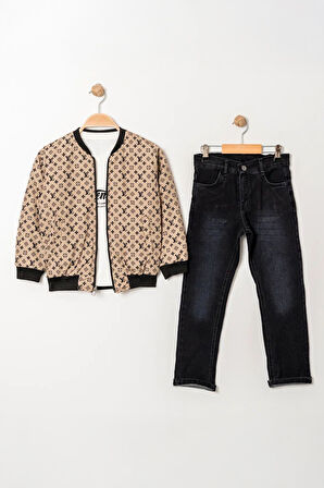 Miniğimin Cicileri LV Çift Tafarlı Kapitone Montlu Erkek Çocuk 3 Lü Takım - Bej