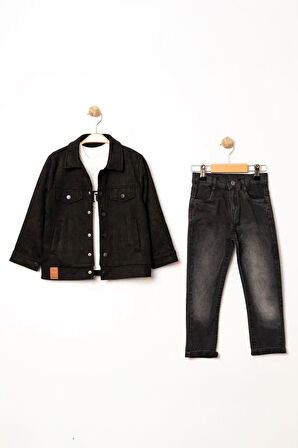 Miniğimin Cicileri (5-8 Yaş) Desenli Süet Ceketli Erkek Çocuk 3 Lü Takım - Siyah