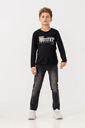 Miniğimin Cicileri (5-8 Yaş) Desenli Süet Ceketli Erkek Çocuk 3 Lü Takım - Siyah