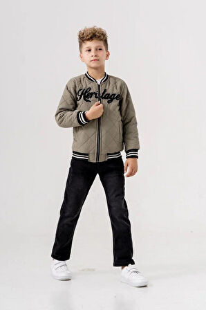 Miniğimin Cicileri (5-8 Yaş) Kolej Yaka Ceketli Erkek Çocuk Kapitone Montlu 3 Lü Takım - Yeşil