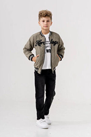 Miniğimin Cicileri (5-8 Yaş) Kolej Yaka Ceketli Erkek Çocuk Kapitone Montlu 3 Lü Takım - Yeşil