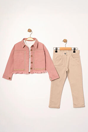 Miniğimin Cicileri (5-8 Yaş) Nakışlı Cepli Kız Çocuk Ceketli Takım - Pembe