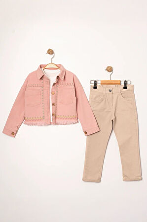 Miniğimin Cicileri (5-8 Yaş) Nakışlı Cepli Kız Çocuk Ceketli Takım - Pudra