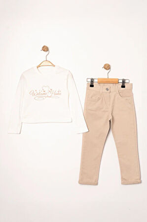 Miniğimin Cicileri (5-8 Yaş) Nakışlı Cepli Kız Çocuk Ceketli Takım - Pudra