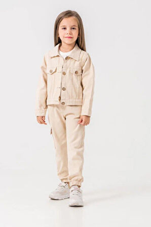 Miniğimin Cicileri Düğmeli Kargo Cepli Kız Çocuk Ceketli Takım - Bej