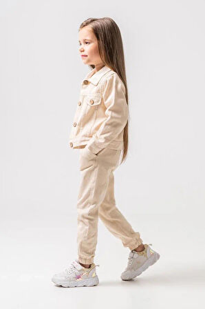 Miniğimin Cicileri Düğmeli Kargo Cepli Kız Çocuk Ceketli Takım - Bej