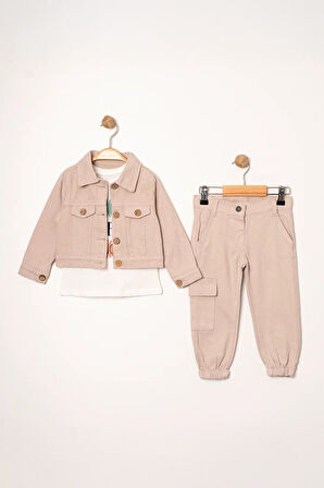 Miniğimin Cicileri Düğmeli Kargo Cepli Kız Çocuk Ceketli Takım - Açık Pudra
