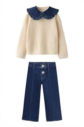 Miniğimin Cicileri Triko Kot Yaka (2-10 Yaş) Kız Çocuk 2 li Takım - Krem