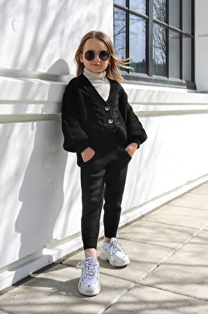 Miniğimin Cicileri Zincir Desen Triko Hırkalı Kız Çocuk 2 li Takım - Siyah