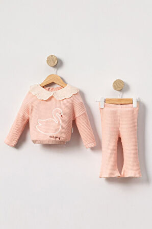 Miniğimin Cicileri Kuğu Yaka Güpür Lovely Family Kız Bebek Takım - Somon