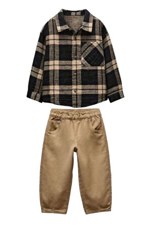 Miniğimin Cicileri Poplin Ekose Gömlek Keten Pantolon Erkek Çocuk  Çoçuk Takım - Camel