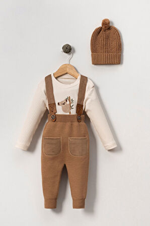 Miniğimin Cicileri Triko Salopet Erkek Bebek 3 lü Takım - Kahverengi