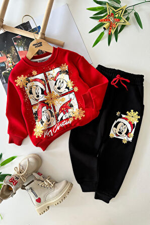 Miniğimin Cicileri Mnn Mcky Karakter Baskılı Yılbaşı Konsept Unisex Çocuk Takım - Kırmızı-Siyah