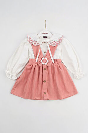 Miniğimin Cicileri Çiçek Yaka Detaylı Kadife Salopetli Elbise 2 li Takım - Pembe