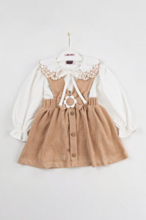 Miniğimin Cicileri Çiçek Yaka Detaylı Kadife Salopetli Elbise 2 li Takım - Camel