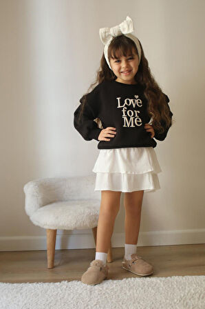 Miniğimin Cicileri Love forMe Nakışlı Sweat Etek Kız Çocuk Takım - Siyah
