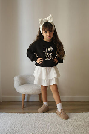 Miniğimin Cicileri Love forMe Nakışlı Sweat Etek Kız Çocuk Takım - Siyah